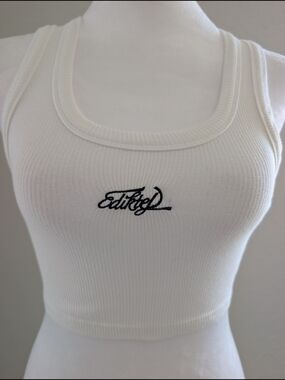 Edikted White Ribbed Logo Crop Tank
